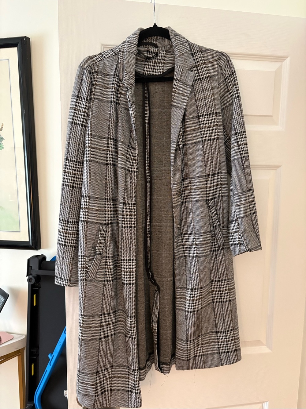 Plaid Long Open-Front Women's Coat - Gray